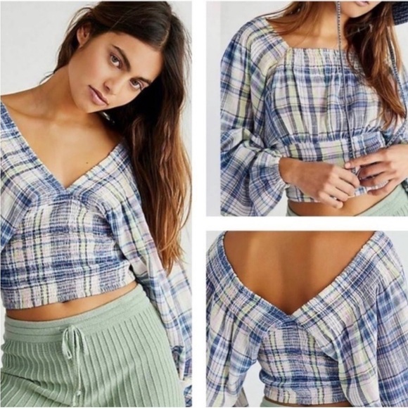 Free People Nicole Smocked Plaid Crop Top - Size L - Blue/Pink/Yellow - Picture 2 of 12